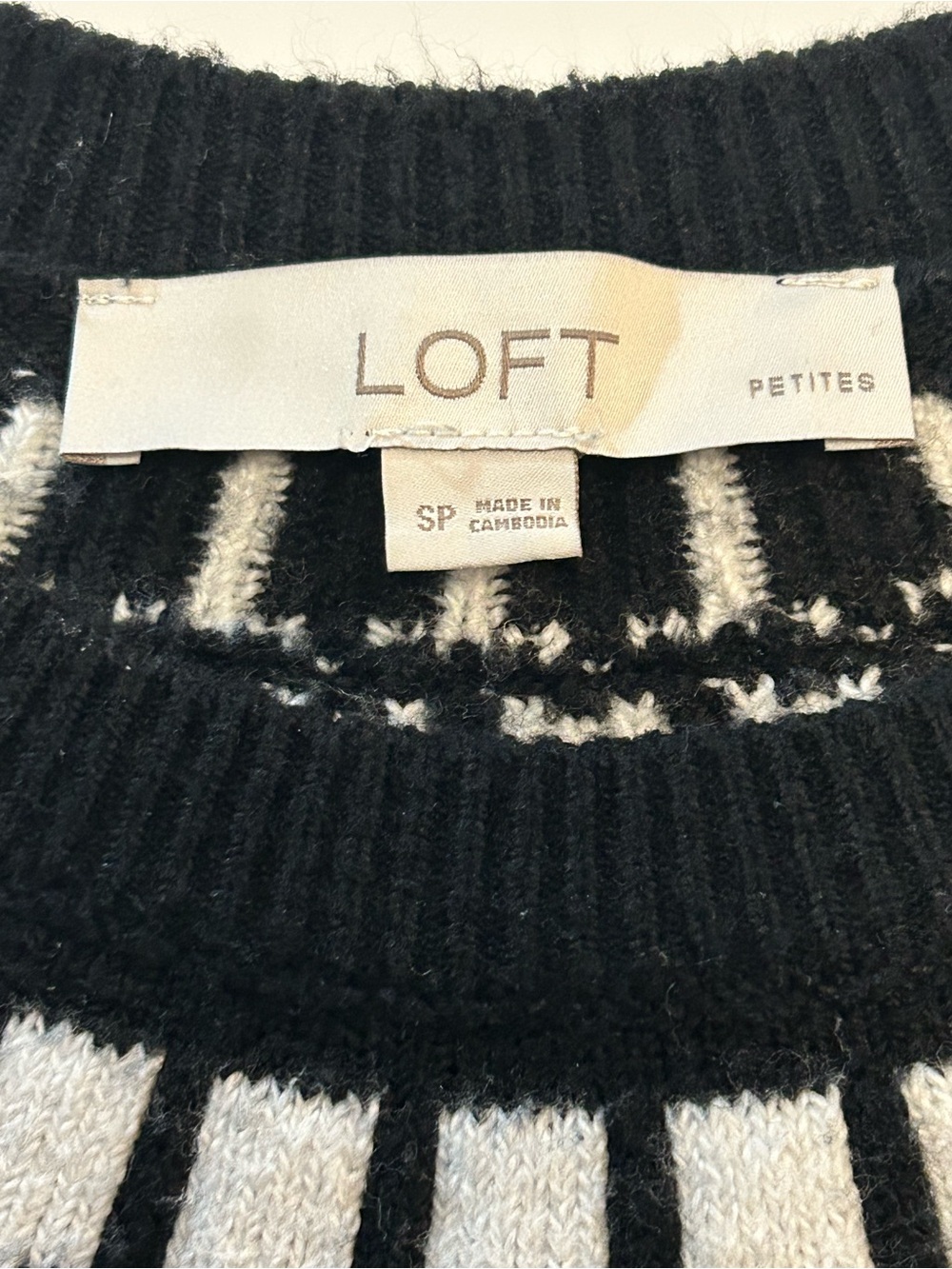 LOFT Black & White Fair Isle Crewneck Ski Sweater Gorpcore SZ S/P EUC Clean Girl - Picture 7 of 11